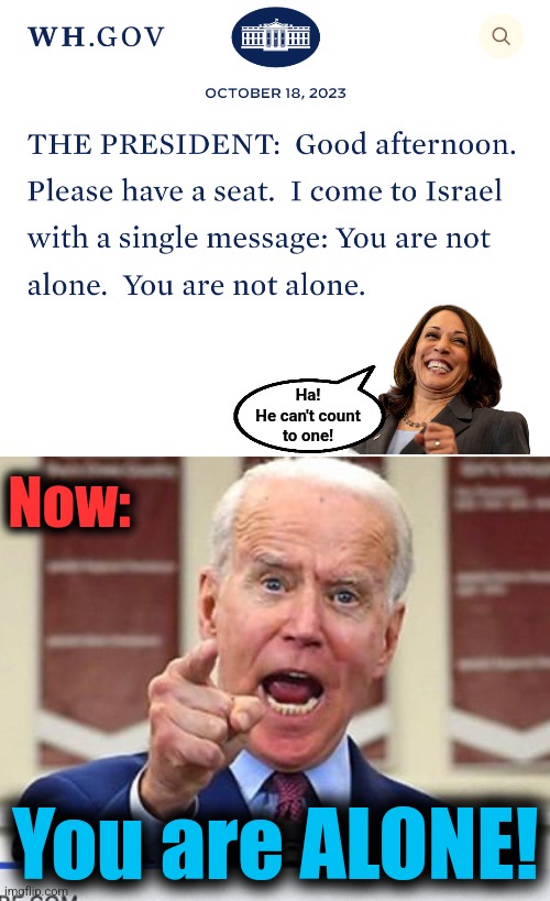 Joe Biden thinking he'd support Israel over the objections of his moonbat handlers was laughable | Ha!
He can't count
to one! Now:; You are ALONE! | image tagged in joe biden no malarkey,memes,israel,october 7,democrats,betrayal | made w/ Imgflip meme maker