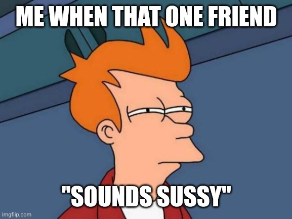 Futurama Fry Meme | ME WHEN THAT ONE FRIEND "SOUNDS SUSSY" | image tagged in memes,futurama fry | made w/ Imgflip meme maker
