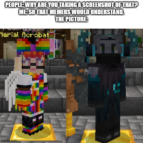 this is the rainbow girl goth girl meme in minecraft. My sister made these skins in bedrock. | PEOPLE: WHY ARE YOU TAKING A SCREENSHOT OF THAT?
ME: SO THAT MEMERS WOULD UNDERSTAND.
THE PICTURE: | image tagged in minecraft,meme,screenshot | made w/ Imgflip meme maker