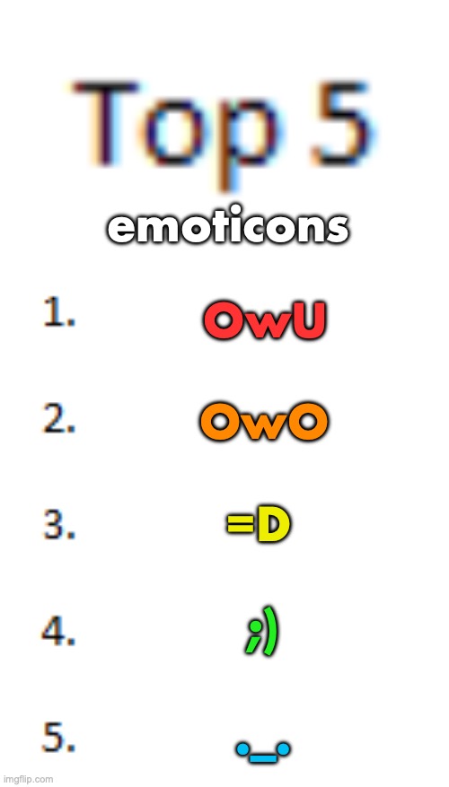 snehehehehe | emoticons; OwU; OwO; =D; ;); ._. | image tagged in top 5 list | made w/ Imgflip meme maker