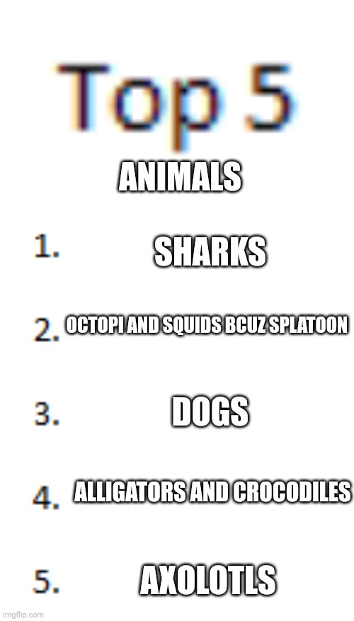 Top 5 List | ANIMALS; SHARKS; OCTOPI AND SQUIDS BCUZ SPLATOON; DOGS; ALLIGATORS AND CROCODILES; AXOLOTLS | image tagged in top 5 list | made w/ Imgflip meme maker
