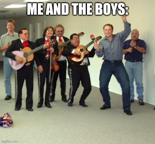 SHUT UP ME AND THE BOYS ARE LISTENING TO ITS RAINING TACOS | ME AND THE BOYS: | image tagged in elon musk dance | made w/ Imgflip meme maker