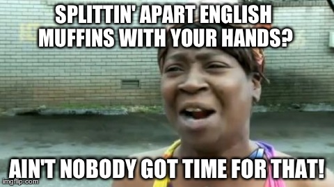 Ain't Nobody Got Time For That | SPLITTIN' APART ENGLISH MUFFINS WITH YOUR HANDS? AIN'T NOBODY GOT TIME FOR THAT! | image tagged in memes,aint nobody got time for that | made w/ Imgflip meme maker