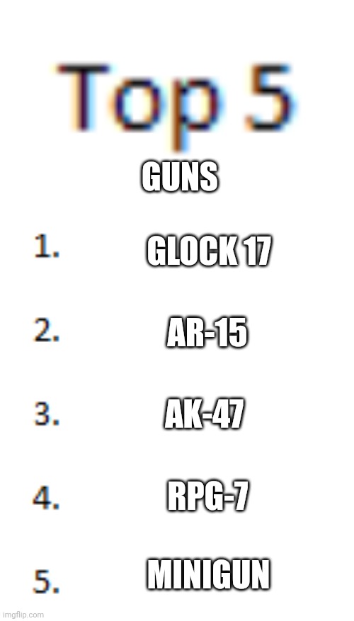 Top 5 List | GUNS; GLOCK 17; AR-15; AK-47; RPG-7; MINIGUN | image tagged in top 5 list,guns | made w/ Imgflip meme maker