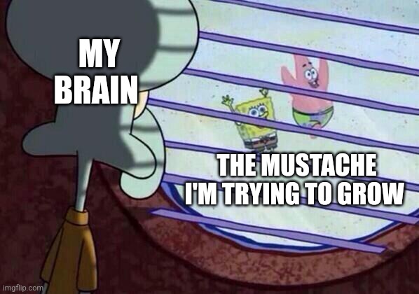 I'm trying to grow a mustache (I'm failing miserably, by the way) | MY BRAIN; THE MUSTACHE I'M TRYING TO GROW | image tagged in squidward window,jpfan102504 | made w/ Imgflip meme maker