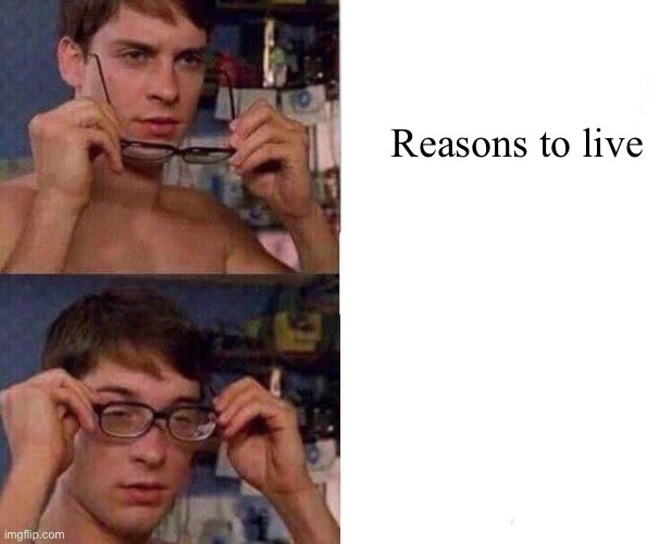 Spiderman Glasses | Reasons to live | image tagged in spiderman glasses | made w/ Imgflip meme maker
