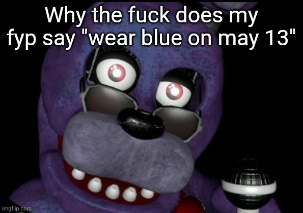 goofster 2 | Why the fuck does my fyp say "wear blue on may 13" | image tagged in goofster 2 | made w/ Imgflip meme maker