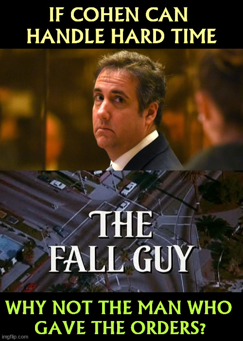 IF COHEN CAN 
HANDLE HARD TIME; WHY NOT THE MAN WHO 
GAVE THE ORDERS? | image tagged in trump,crime,boss,michael cohen,the fall guy | made w/ Imgflip meme maker