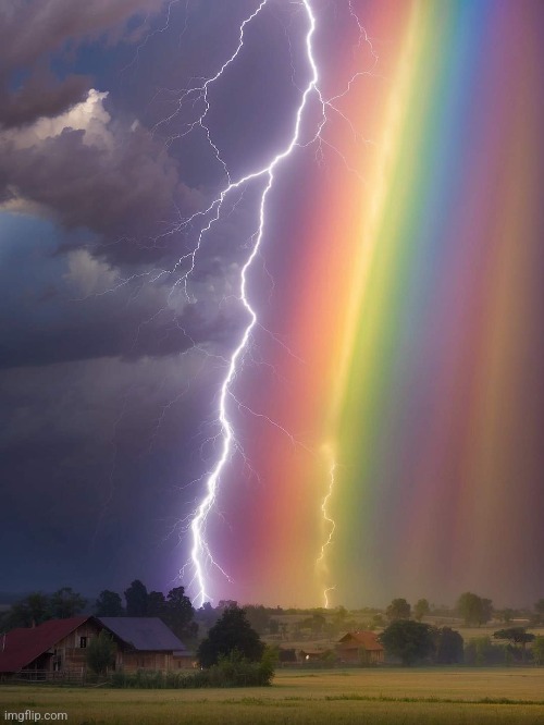 Lightning in a rainbow | image tagged in lightning,rainbow,beautiful nature,awsome,photography | made w/ Imgflip meme maker