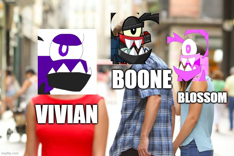 Blossom is jealousy of Boone and Vivian | BOONE; BLOSSOM; VIVIAN | image tagged in memes,distracted boyfriend,mixels,oc,boone,blossom | made w/ Imgflip meme maker