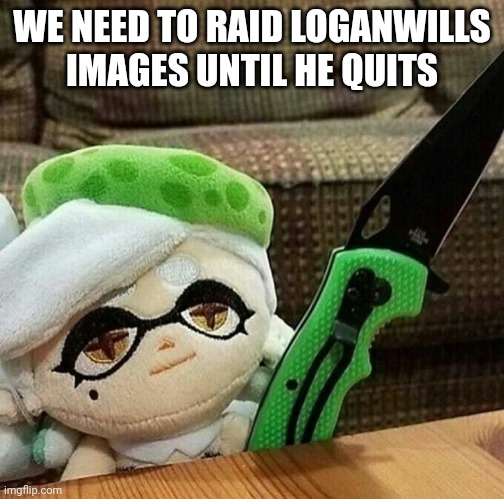 Marie plush with a knife | WE NEED TO RAID LOGANWILLS IMAGES UNTIL HE QUITS | image tagged in marie plush with a knife | made w/ Imgflip meme maker
