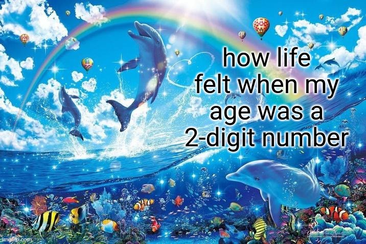 good times | how life felt when my age was a 2-digit number | image tagged in happy dolphin rainbow | made w/ Imgflip meme maker