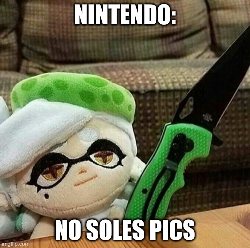 Marie Nintendo Killer Meme | NINTENDO:; NO SOLES PICS | image tagged in marie plush with a knife | made w/ Imgflip meme maker