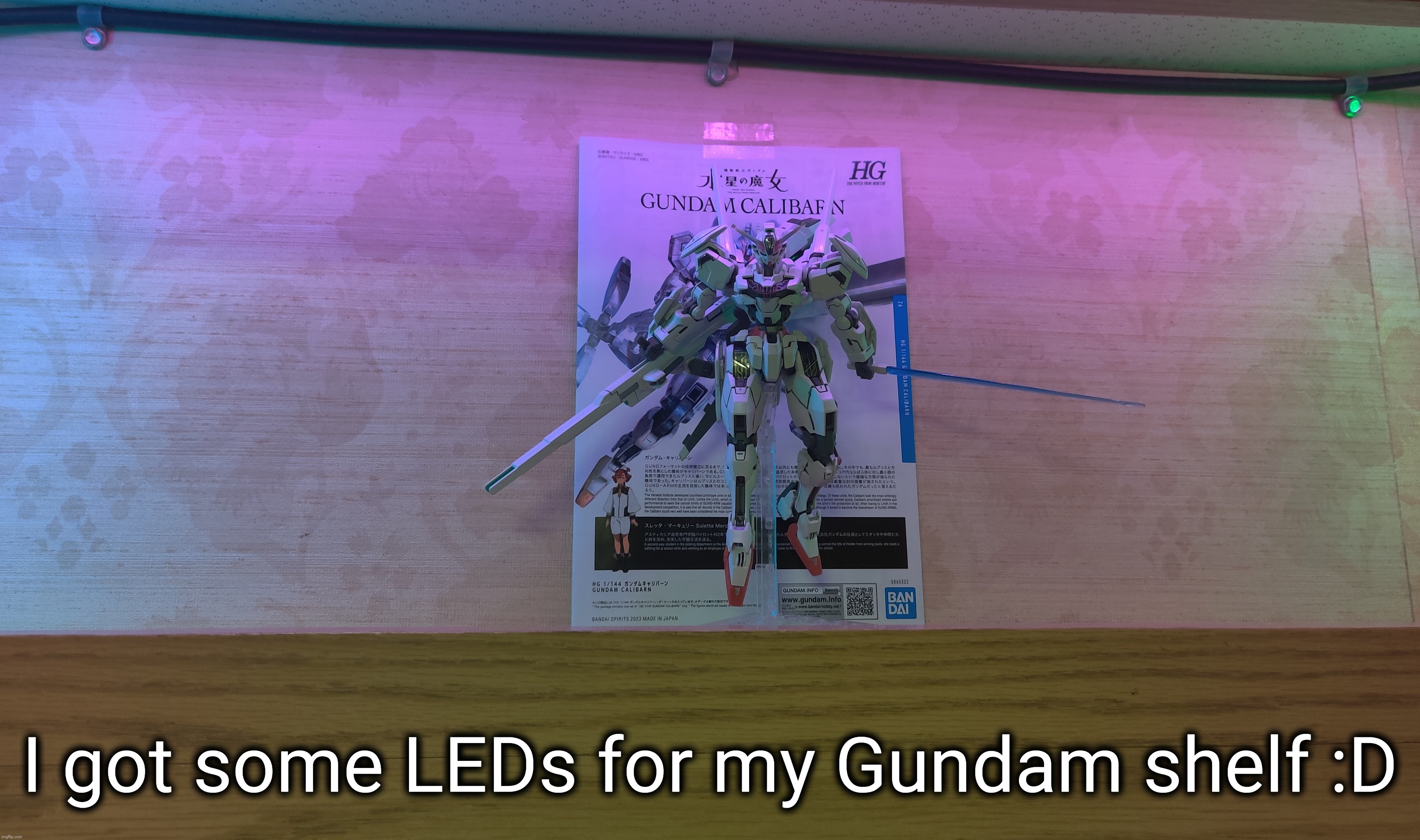 The reason I chose blue pink and green is because the calibarn's shell units are those colors, but you can't see them well. | I got some LEDs for my Gundam shelf :D | made w/ Imgflip meme maker