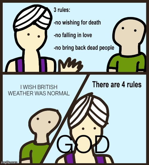 BRITISH HOOMUR | I WISH BRITISH WEATHER WAS NORMAL; GOD | image tagged in genie rules meme,weather,why u reading this,do smth better in ur life,go away,bbrruuuhhhh | made w/ Imgflip meme maker