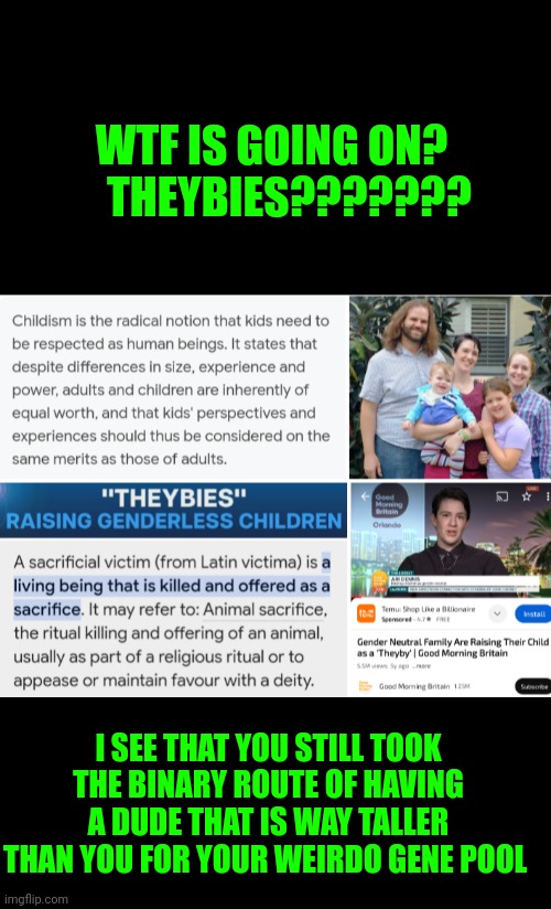 Funny | WTF IS GOING ON?     THEYBIES??????? I SEE THAT YOU STILL TOOK THE BINARY ROUTE OF HAVING A DUDE THAT IS WAY TALLER THAN YOU FOR YOUR WEIRDO GENE POOL | image tagged in funny,woke,mental illness,criminals,terrorists,terrorism | made w/ Imgflip meme maker