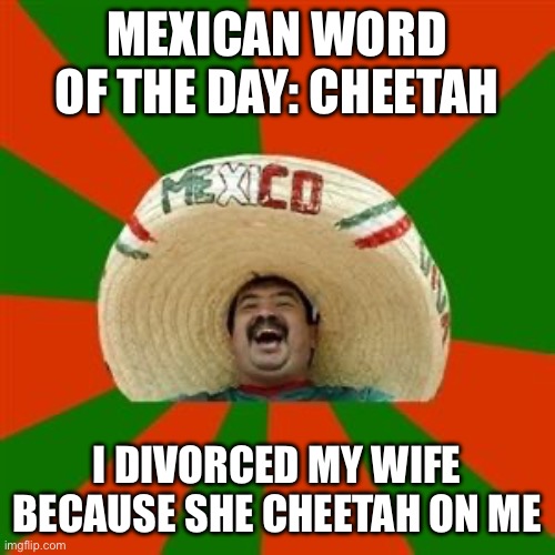 succesful mexican | MEXICAN WORD OF THE DAY: CHEETAH; I DIVORCED MY WIFE BECAUSE SHE CHEETAH ON ME | image tagged in succesful mexican,mexican word of the day,cheetah,mexican,laughing mexican,mexico | made w/ Imgflip meme maker