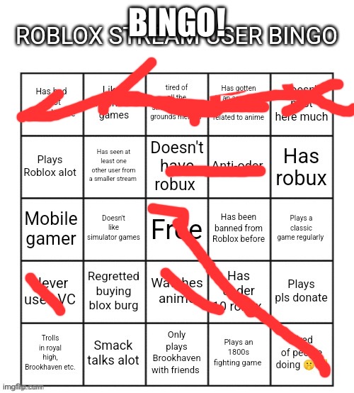 Roblox stream user bingo | BINGO! | image tagged in roblox stream user bingo | made w/ Imgflip meme maker