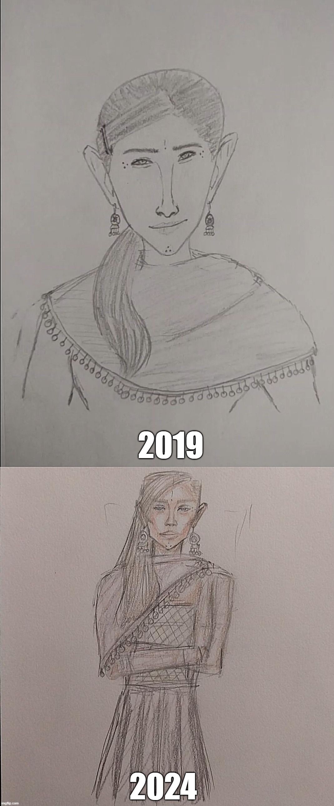 5 Year Art Transformation (2019 vs 2024) | 2019; 2024 | image tagged in drawings,colored,color,tribal,girl,sketch | made w/ Imgflip meme maker