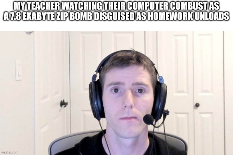 womp womp | MY TEACHER WATCHING THEIR COMPUTER COMBUST AS A 7.8 EXABYTE ZIP BOMB DISGUISED AS HOMEWORK UNLOADS | image tagged in streamer | made w/ Imgflip meme maker