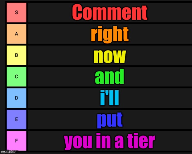 Tier List | Comment; right; now; and; i'll; put; you in a tier | image tagged in tier list | made w/ Imgflip meme maker