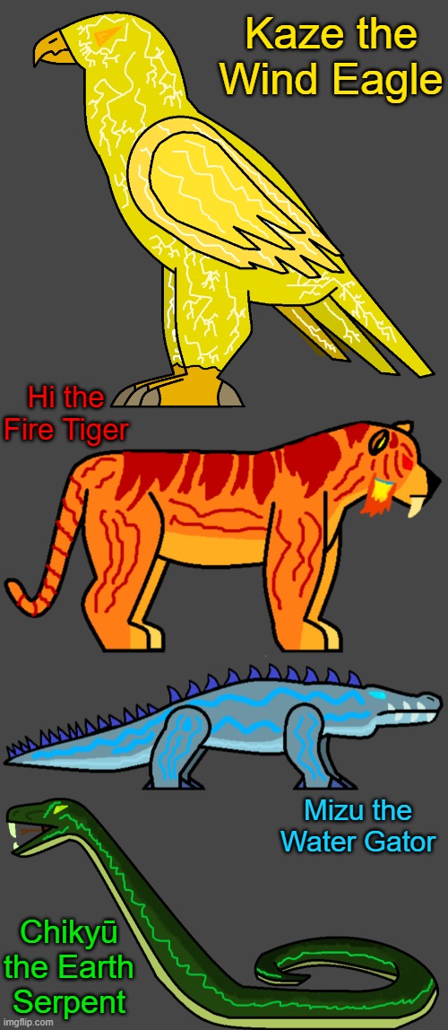 Here they are: the Four Ancient Kaiju (not entirely within proportion of each other) | Kaze the Wind Eagle; Hi the Fire Tiger; Mizu the Water Gator; Chikyū the Earth Serpent | image tagged in kaze the wind eagle,hi the fire tiger,mizu the water gator,chiky the earth serpent | made w/ Imgflip meme maker
