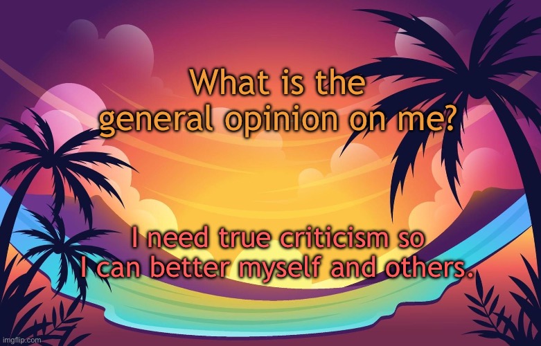 Trez (Summer) | What is the general opinion on me? I need true criticism so I can better myself and others. | image tagged in trez summer | made w/ Imgflip meme maker