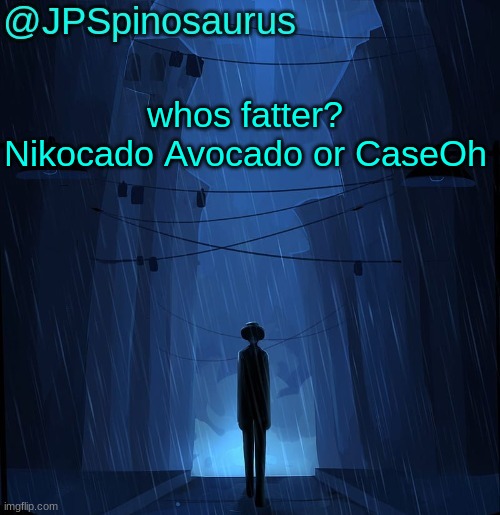 JPSpinosaurus LN announcement temp | whos fatter? Nikocado Avocado or CaseOh | image tagged in jpspinosaurus ln announcement temp | made w/ Imgflip meme maker