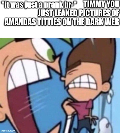 based off a true story | TIMMY YOU JUST LEAKED PICTURES OF AMANDAS TITTIES ON THE DARK WEB; "it was just a prank br-" | image tagged in cosmo yelling at timmy | made w/ Imgflip meme maker
