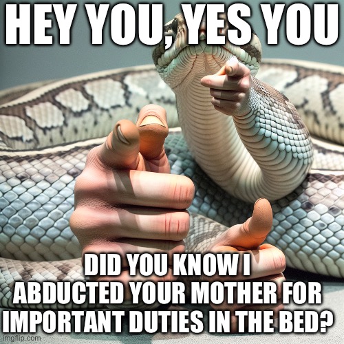 Snake points at you | HEY YOU, YES YOU; DID YOU KNOW I ABDUCTED YOUR MOTHER FOR IMPORTANT DUTIES IN THE BED? | image tagged in funny,snake | made w/ Imgflip meme maker
