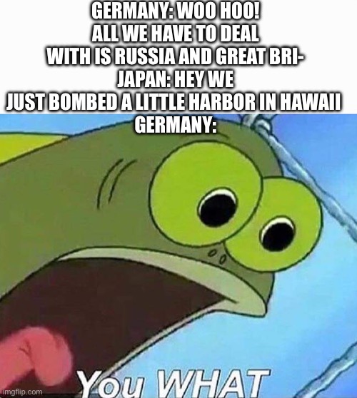 *star spangled banner blares in the background* | GERMANY: WOO HOO! ALL WE HAVE TO DEAL WITH IS RUSSIA AND GREAT BRI-
JAPAN: HEY WE JUST BOMBED A LITTLE HARBOR IN HAWAII 
GERMANY: | image tagged in you what | made w/ Imgflip meme maker