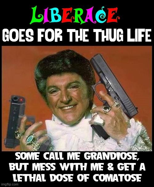 Well, punk, do you feel lucky? | GOES FOR THE THUG LIFE; SOME CALL ME GRANDIOSE,
BUT MESS WITH ME & GET A
LETHAL DOSE OF COMATOSE | image tagged in vince vance,liberace,guns,lace,jewelry,big hair | made w/ Imgflip meme maker