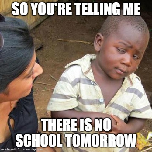 Third World Skeptical Kid | SO YOU'RE TELLING ME; THERE IS NO SCHOOL TOMORROW | image tagged in memes,third world skeptical kid | made w/ Imgflip meme maker