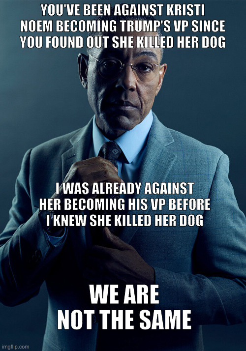 Kristi is a typical politician, she can't be trusted | YOU'VE BEEN AGAINST KRISTI NOEM BECOMING TRUMP'S VP SINCE YOU FOUND OUT SHE KILLED HER DOG; I WAS ALREADY AGAINST HER BECOMING HIS VP BEFORE I KNEW SHE KILLED HER DOG; WE ARE NOT THE SAME | image tagged in gus fring we are not the same | made w/ Imgflip meme maker
