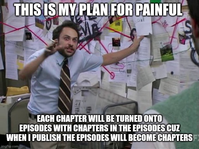 Aight? | THIS IS MY PLAN FOR PAINFUL; EACH CHAPTER WILL BE TURNED ONTO EPISODES WITH CHAPTERS IN THE EPISODES CUZ WHEN I PUBLISH THE EPISODES WILL BECOME CHAPTERS | image tagged in charlie conspiracy always sunny in philidelphia | made w/ Imgflip meme maker