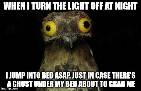 Weird Stuff I Do Potoo Meme | WHEN I TURN THE LIGHT OFF AT NIGHT I JUMP INTO BED ASAP, JUST IN CASE THERE'S A GHOST UNDER MY BED ABOUT TO GRAB ME | image tagged in memes,weird stuff i do potoo,AdviceAnimals | made w/ Imgflip meme maker