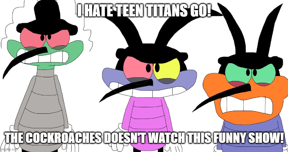 I hate Teen Titans Go! | I HATE TEEN TITANS GO! THE COCKROACHES DOESN'T WATCH THIS FUNNY SHOW! | image tagged in angry joey dee dee and marky v2 | made w/ Imgflip meme maker