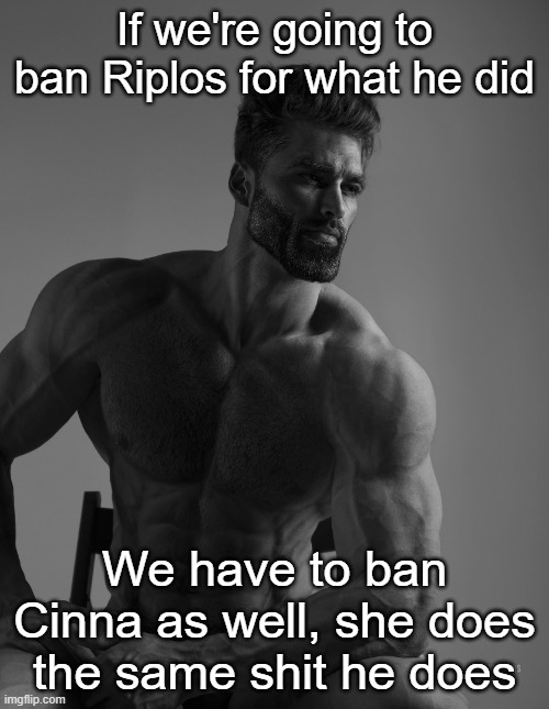 Giga Chad | If we're going to ban Riplos for what he did; We have to ban Cinna as well, she does the same shit he does | image tagged in giga chad | made w/ Imgflip meme maker