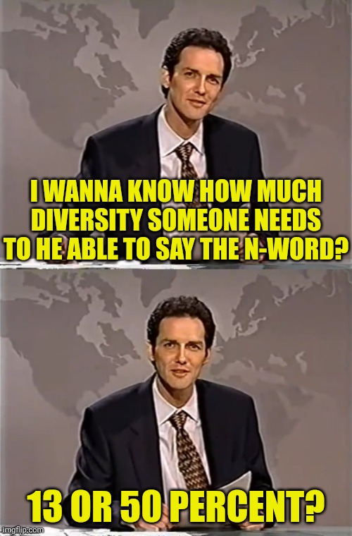 WEEKEND UPDATE WITH NORM | I WANNA KNOW HOW MUCH DIVERSITY SOMEONE NEEDS TO HE ABLE TO SAY THE N-WORD? 13 OR 50 PERCENT? | image tagged in weekend update with norm,that's racist,n word | made w/ Imgflip meme maker