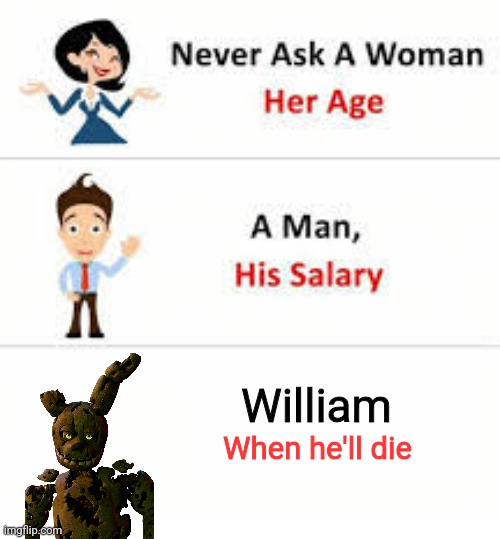 Fnaf meme because I feel like it | William; When he'll die | image tagged in never ask a woman her age | made w/ Imgflip meme maker