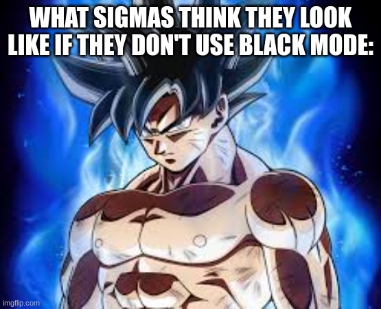Goku black saiyan rose super saiyan ultra max god mode 9989 form | WHAT SIGMAS THINK THEY LOOK LIKE IF THEY DON'T USE BLACK MODE: | image tagged in goku black saiyan rose super saiyan ultra max god mode 9989 form | made w/ Imgflip meme maker