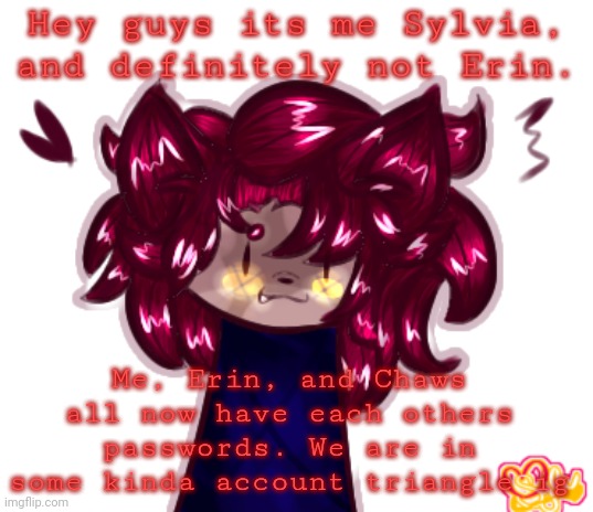 Its me, Sylvia and definitely not Erin | Hey guys its me Sylvia, and definitely not Erin. Me, Erin, and Chaws all now have each others passwords. We are in some kinda account triangle ig | image tagged in sylvia but they're badly drawn | made w/ Imgflip meme maker