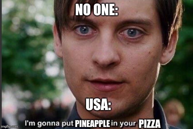 I'm gonna put some | NO ONE:; USA:; PINEAPPLE; PIZZA | image tagged in i'm gonna put some dirt in your eye | made w/ Imgflip meme maker