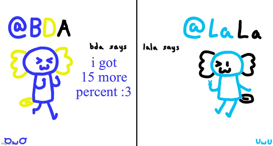 bda and lala announcment temp | i got 15 more percent :3 | image tagged in bda and lala announcment temp | made w/ Imgflip meme maker