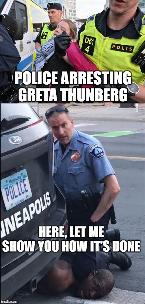 how it's done | POLICE ARRESTING GRETA THUNBERG; HERE, LET ME SHOW YOU HOW IT'S DONE | image tagged in police,protests | made w/ Imgflip meme maker