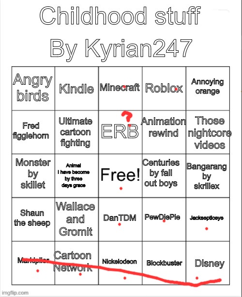 Kyrian247 childhood bingo | image tagged in kyrian247 childhood bingo | made w/ Imgflip meme maker
