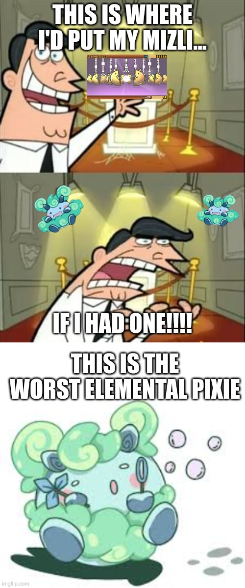 THIS IS WHERE I'D PUT MY MIZLI... IF I HAD ONE!!!! THIS IS THE WORST ELEMENTAL PIXIE | image tagged in memes,this is where i'd put my trophy if i had one | made w/ Imgflip meme maker