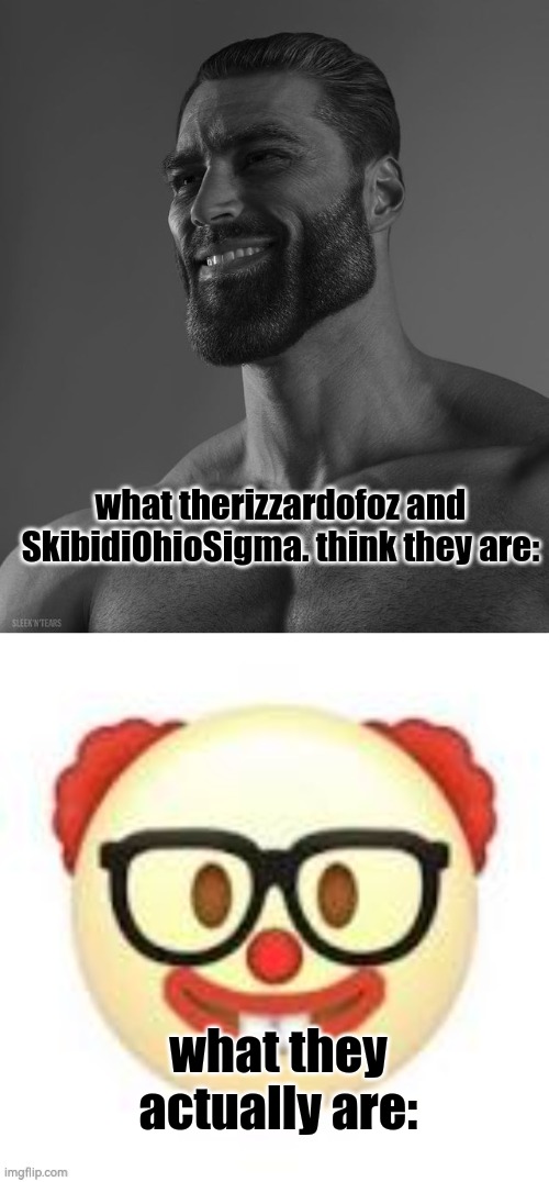 clown nerd | what therizzardofoz and SkibidiOhioSigma. think they are:; what they actually are: | image tagged in giga chad,clownerd | made w/ Imgflip meme maker