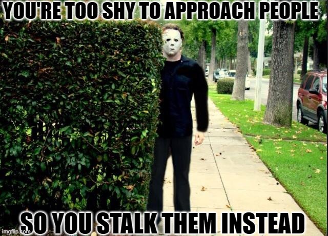 Michael Myers Bush Stalking | YOU'RE TOO SHY TO APPROACH PEOPLE; SO YOU STALK THEM INSTEAD | image tagged in michael myers bush stalking | made w/ Imgflip meme maker
