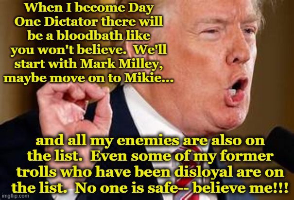 When I become Day One Dictator there will be a bloodbath like you won't believe.  We'll start with Mark Milley, maybe move on to Mikie... an | made w/ Imgflip meme maker